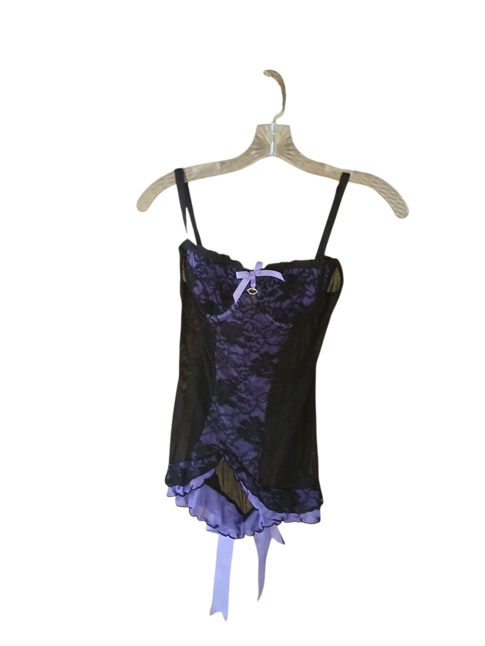 Coquette Black & Purple Lace & Mesh Underwire Chemise Medium